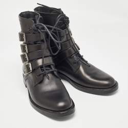 Pre Owned Saint Laurent Black Leather Buckle Detail Ankle Boots Size 40