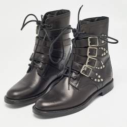 Pre Owned Saint Laurent Black Leather Buckle Detail Ankle Boots Size 40