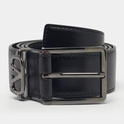 Pre Owned Valentino Black Leather Mini VLogo Buckle Belt 85 CM