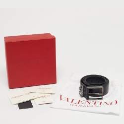 Pre Owned Valentino Black Leather Mini VLogo Buckle Belt 85 CM