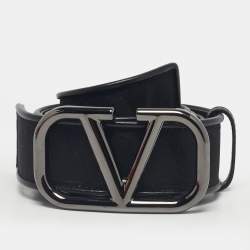 Pre Owned Valentino Black Iconographe Canvas and Leather VLogo Buckle Belt 90 CM