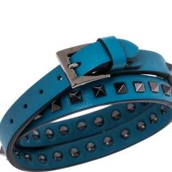 Pre Owned Valentino Blue Leather Double Wrap Rockstud Bracelet