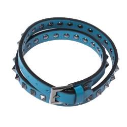 Pre Owned Valentino Blue Leather Double Wrap Rockstud Bracelet