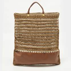 Pre Owned Valentino Identity Woven Brown/Tan Leather and Rope Tote