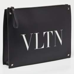 Pre Owned Valentino Black/White Leather VLNT Zip Pouch