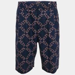 Pre Owned Valentino Navy Blue Logo Print Wool Bermuda Shorts M