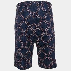 Pre Owned Valentino Navy Blue Logo Print Wool Bermuda Shorts M