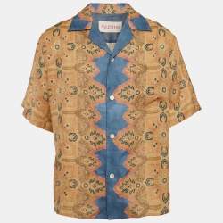 Valentino Beige Print Linen Buttoned Half Sleeve Shirt L