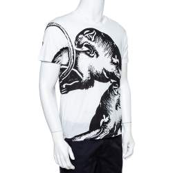 Pre Owned Valentino White Panther Print Cotton Crew Neck T-Shirt S