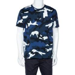 Pre Owned Valentino Blue Camo Print Cotton Crew Neck T-Shirt L 