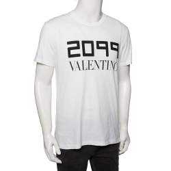 Pre Owned Valentino White Cotton 2099 Logo Printed Round Neck T-Shirt M