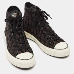 Pre Owned Valentino Brown/Black Canvas and Leather High Top Sneakers Size 43.5
