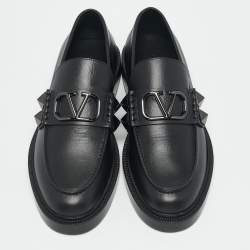 Pre Owned Valentino Black Leather Rockstud VLogo Loafers Size 42.5