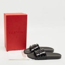 Pre Owned Valentino Black Rubber Rockstud Pool Slides Size 46