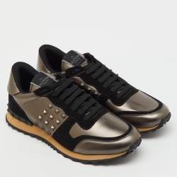 Pre Owned Valentino Black/Metallic Leather and Suede Rockrunner Low Top Sneakers Size 45