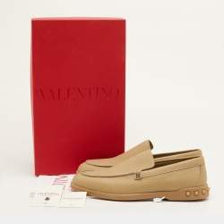 Pre Owned Valentino Rockstud Size 42.5 Desert Brown Leather Slip On Loafers