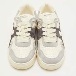 Pre Owned Valentino One Stud XL Size 41.5 Grey/White Suede and Leather Low Top Sneakers