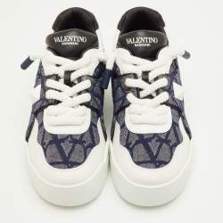 Pre Owned Valentino One Stud XL Size 41.5 Navy Blue/White Toile Iconographe Jacquard and Leather Sneakers