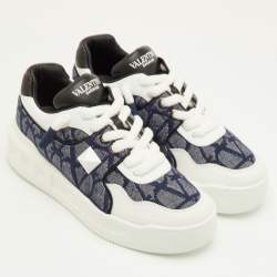 Pre Owned Valentino One Stud XL Size 41.5 Navy Blue/White Toile Iconographe Jacquard and Leather Sneakers