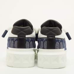 Pre Owned Valentino One Stud XL Size 41.5 Navy Blue/White Toile Iconographe Jacquard and Leather Sneakers