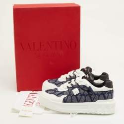 Pre Owned Valentino One Stud XL Size 41.5 Navy Blue/White Toile Iconographe Jacquard and Leather Sneakers