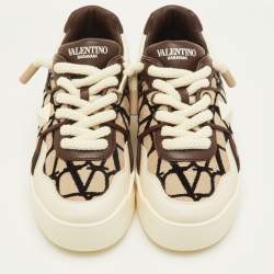 Pre Owned حذاء رياضي فالنتينو وان ستد جاكار ايقونوغراف فاتح البني / أبيض جلد مقاس كبير 41.5