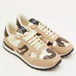 Pre Owned حذاء رياضي فالنتينو روكرونر قماش كاموفلاج بني/بيج وجلد وزبدي مقاس 41.5