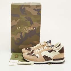 Pre Owned حذاء رياضي فالنتينو روكرونر قماش كاموفلاج بني/بيج وجلد وزبدي مقاس 41.5