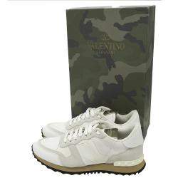 Pre Owned Valentino White Fabric and Leather Camouflage Rockrunner Trainer Sneakers Size 42