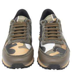 Pre Owned Valentino Army Green Fabric and Leather Camouflage Rockrunner Sneakers Size 41