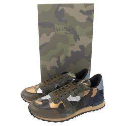 Pre Owned Valentino Army Green Fabric and Leather Camouflage Rockrunner Sneakers Size 41