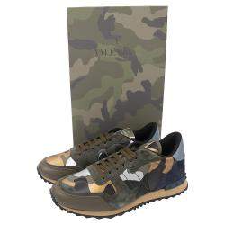 Pre Owned Valentino Army Green Fabric and Leather Camouflage Rockrunner Sneakers Size 42