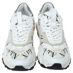 Valentino White/Black Leather, Suede and Mesh Camouflage with Feathers VLTN Grid Bounce Sneakers Size 42