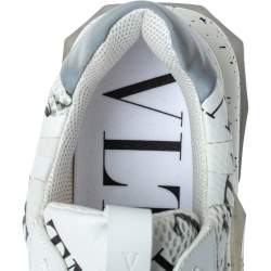 Valentino White/Black Leather, Suede and Mesh Camouflage with Feathers VLTN Grid Bounce Sneakers Size 42
