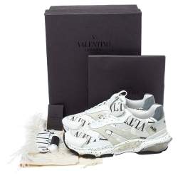 Valentino White/Black Leather, Suede and Mesh Camouflage with Feathers VLTN Grid Bounce Sneakers Size 42