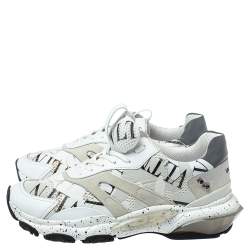 Valentino White/Black Leather, Suede and Mesh Camouflage with Feathers VLTN Grid Bounce Sneakers Size 42