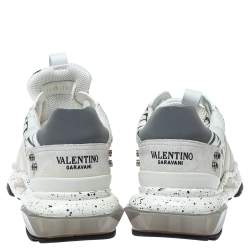 Valentino White/Black Leather, Suede and Mesh Camouflage with Feathers VLTN Grid Bounce Sneakers Size 42