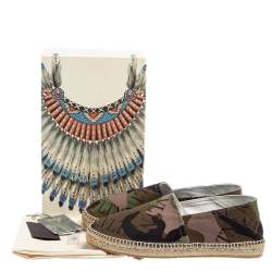 Pre Owned Valentino Camouflage Canvas VLTN Grid Espadrille Flat Sandals Size 44.5