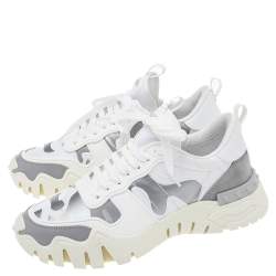 Valentino White/Grey Camouflage Print Canvas And Leather Rockrunner Low Top Sneakers Size 42.5