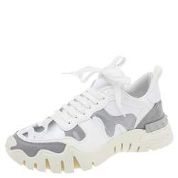 Valentino White/Grey Camouflage Print Canvas And Leather Rockrunner Low Top Sneakers Size 42.5
