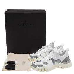 Valentino White/Grey Camouflage Print Canvas And Leather Rockrunner Low Top Sneakers Size 42.5