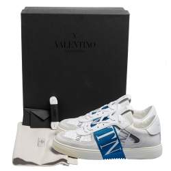 Pre Owned Valentino White/Blue Leather And Suede VLTN Low Top Sneakers Size 43