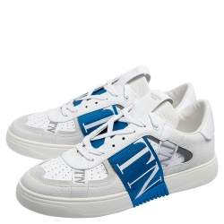 Pre Owned Valentino White/Blue Leather And Suede VLTN Low Top Sneakers Size 43