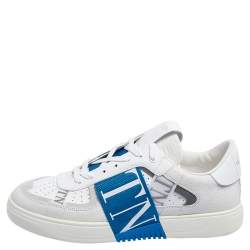 Pre Owned Valentino White/Blue Leather And Suede VLTN Low Top Sneakers Size 43