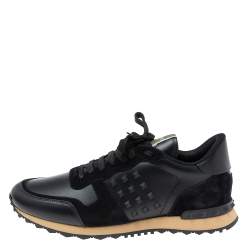 Pre Owned Valentino Black Leather and Suede Rockstud Low-Top Rockrunner Sneakers Size 43
