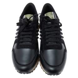 Pre Owned Valentino Black Leather and Suede Rockstud Low-Top Rockrunner Sneakers Size 43