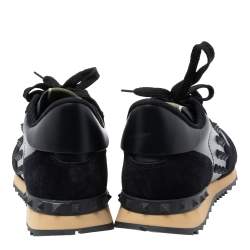 Pre Owned Valentino Black Leather and Suede Rockstud Low-Top Rockrunner Sneakers Size 43