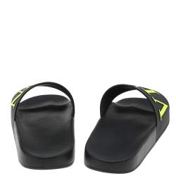 Pre Owned Valentino Black/Green Rubber VLTN Pool Flat Slides Size 43