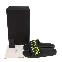 Pre Owned Valentino Black/Green Rubber VLTN Pool Flat Slides Size 43