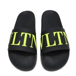 Pre Owned Valentino Black/Green Rubber VLTN Pool Flat Slides Size 43